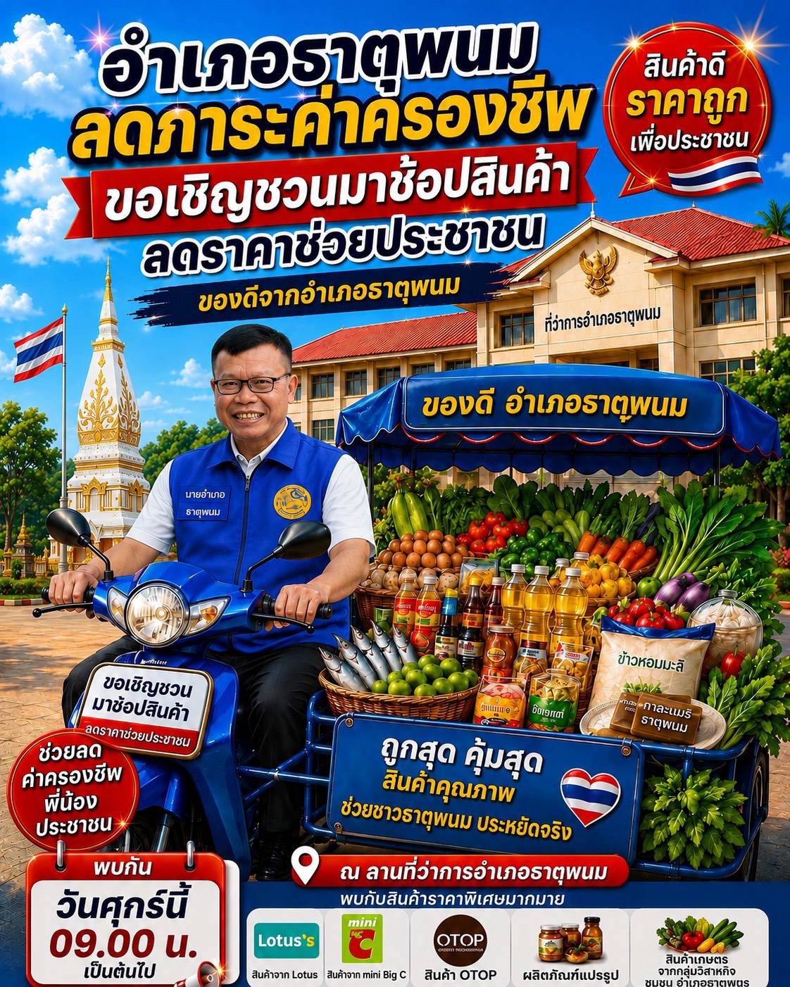 ประชาสัมพันธ์ ขอเชิญมาช้อปสินค้าลดราคาช่วยประชาชน ของดีจากอำเภอธาตุพนม ณ ลานที่ว่าการอำเภอธาตุพนม