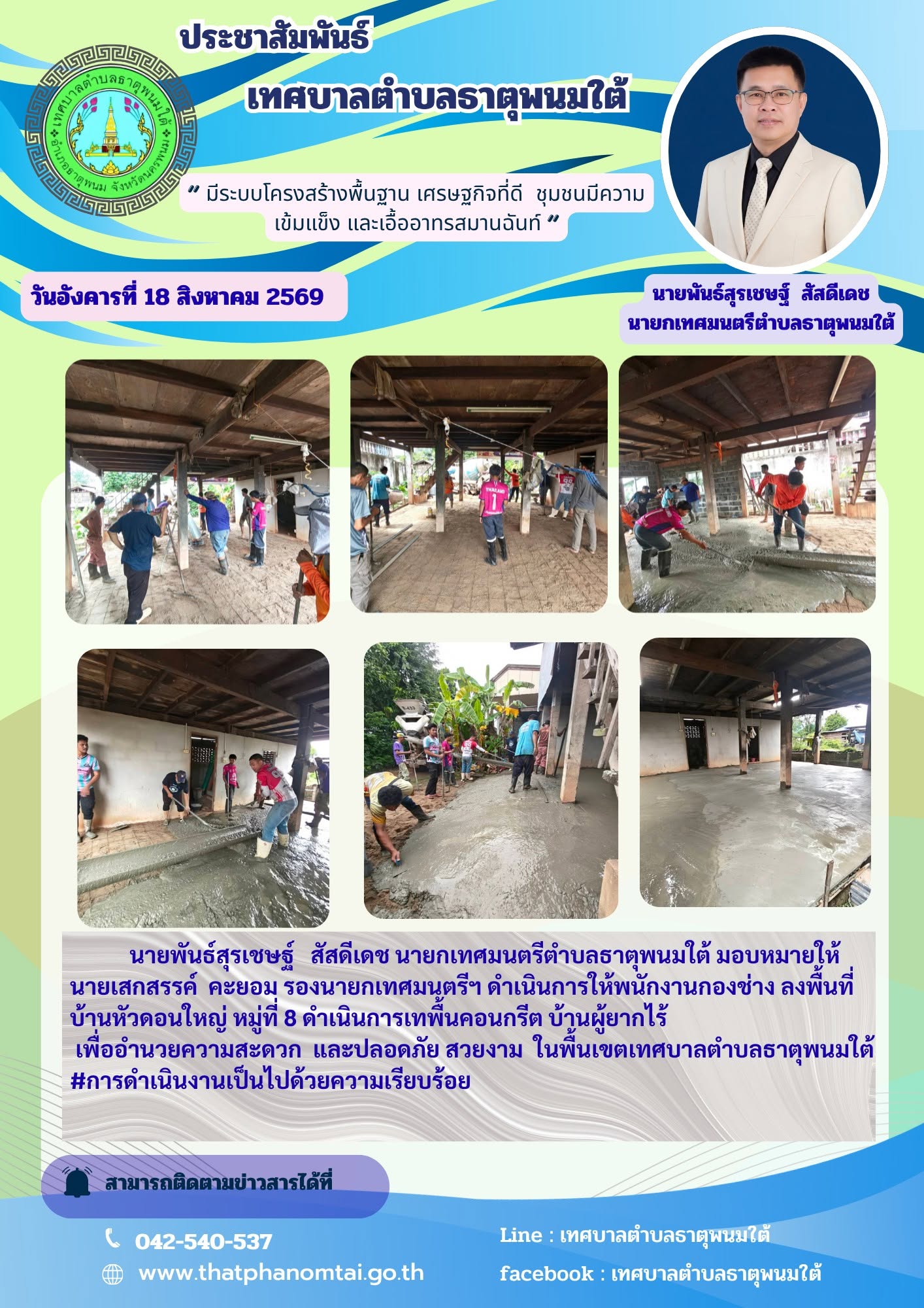 ประชาสัมพันธ์ กองช่างเทศบาลตำบลธาตุพนมใต้ ดำเนินการเทคอนกรีตบ้านผู้ยากไร้ บ้านหัวดอนใหญ่ หมู่ที่ 8