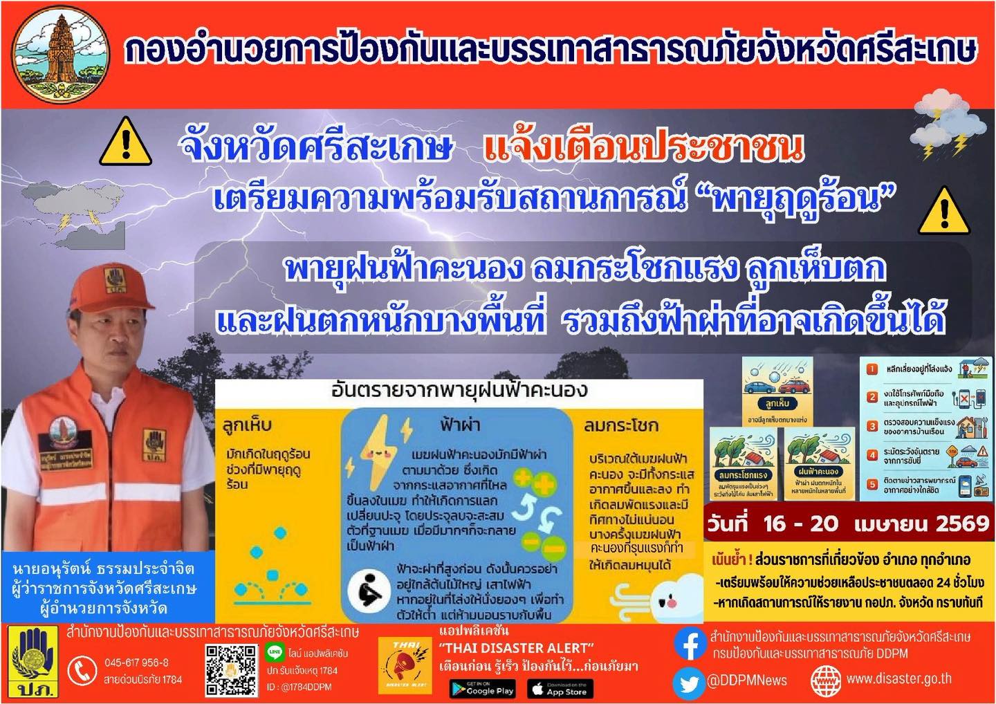 ประชาสัมพันธ์เทศบาลตำบลกันทรอม เรื่อง แจ้งเตือนประชาชนเตรียมพร้อมรับสถานการณ์ พายุฝนฟ้าคะนอง