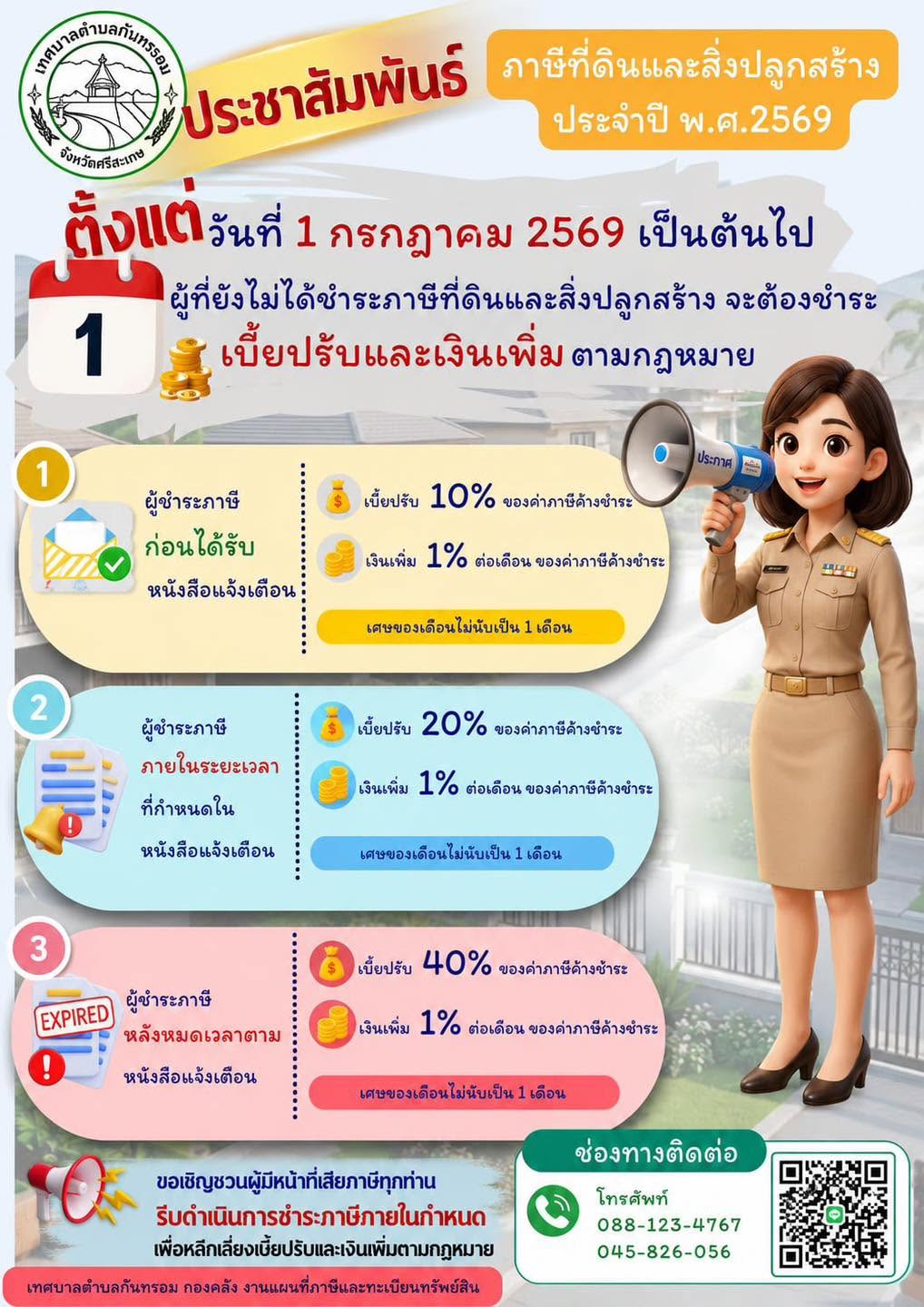 ประชาสัมพันธ์เทศบาลตำบลกันทรอม เรื่อง ขอเชิญชำระภาษีที่ดินและสิ่งปลูกสร้างประจำปี พ.ศ.2569